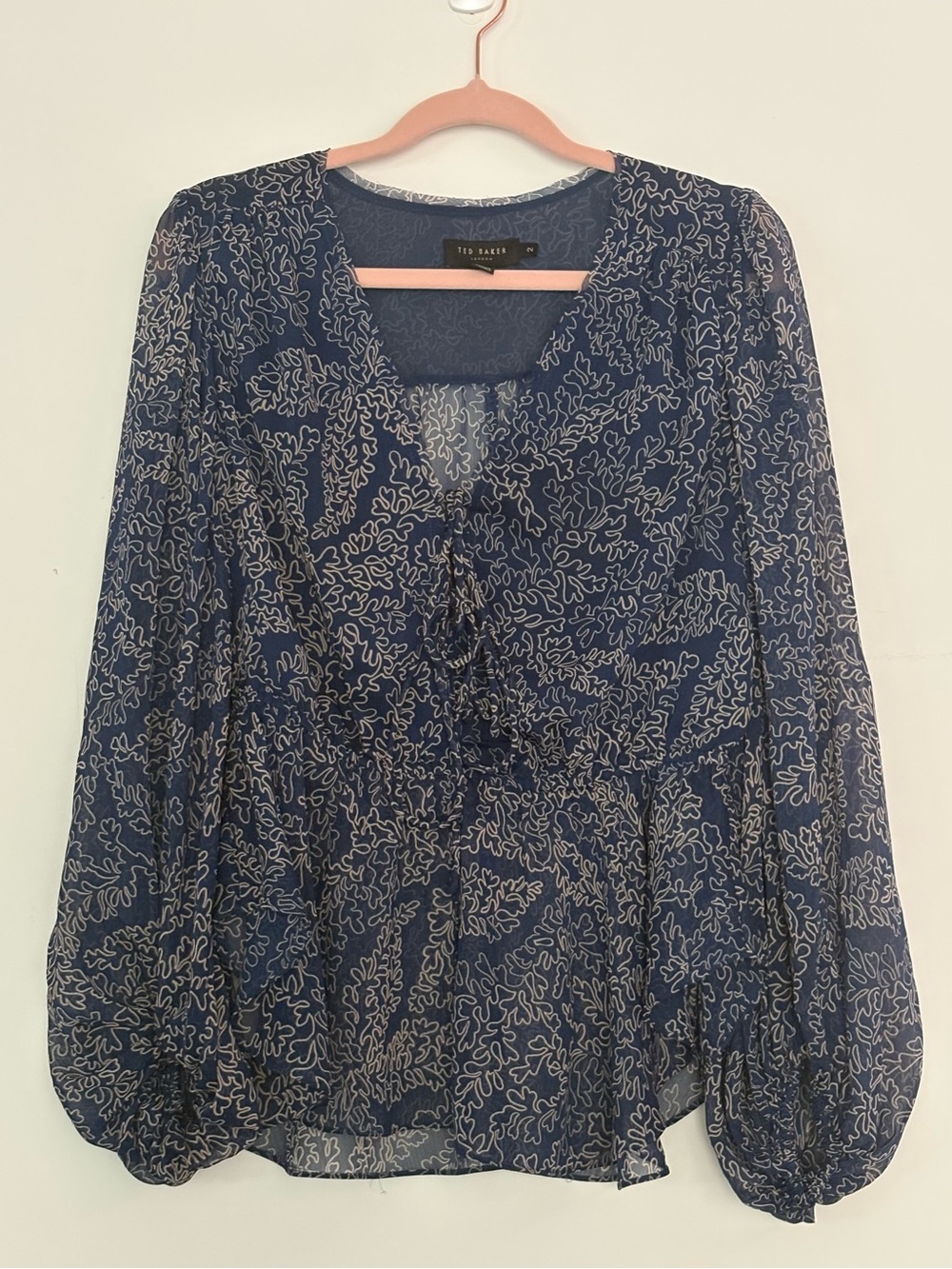 Ted Baker Blouson Blouse | Tie Front Balloon Sleeve | Size 2 (UK 12) | Navy - Picture 2 of 5